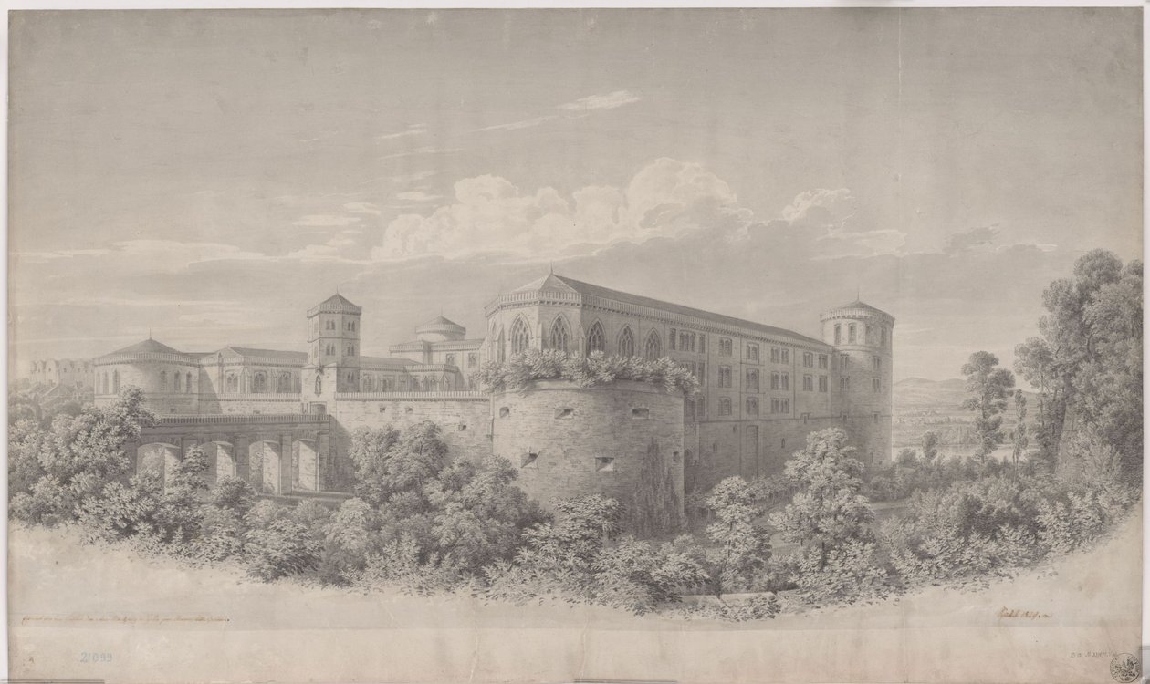Halle an der Saale. Utkast til ombygging av Moritzburg. Sett fra nordøst av Karl Friedrich Schinkel