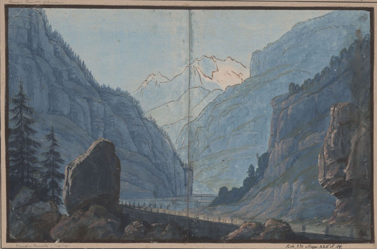 Herrmann og Thusnelda. Skuespill av August von Kotzebue. Utkast til den 5. dekorasjonen. Fjellvei av Karl Friedrich Schinkel