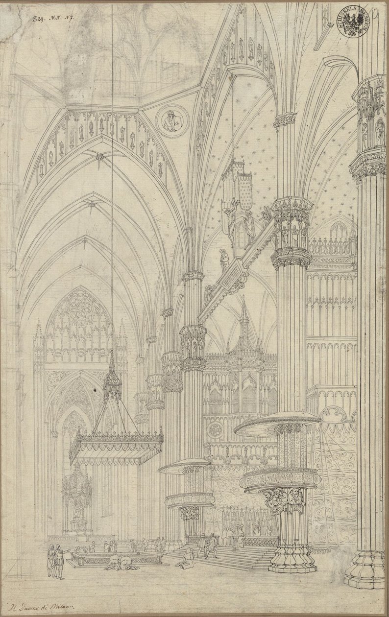 «Interiør fra tverrskipet i Milano domkirke» / Utsikt inn i krysset og det nordlige tverrskipet i Milano domkirke av Karl Friedrich Schinkel