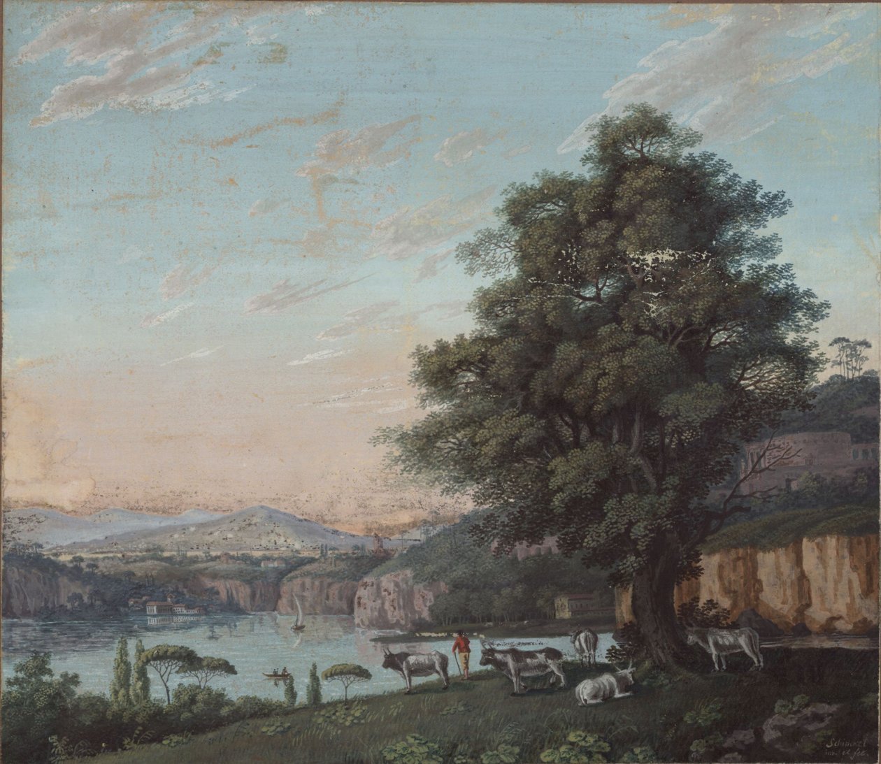 Italiensk ideallandskap med tre, flokk og fjell av Karl Friedrich Schinkel