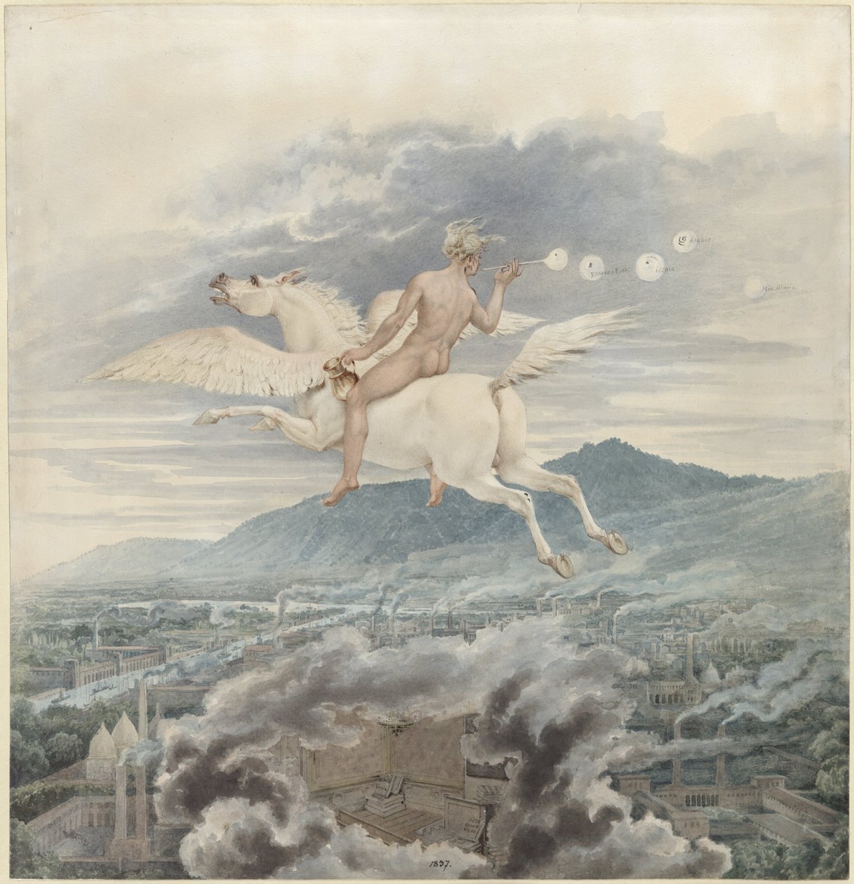 Karl Friedrich Schinkel - Kvinnelig figur som blåser såpebobler, som allegori over Christian Peter Wilhelm Beuth, ridende på Pegasus over en industriby - 1837 av Karl Friedrich Schinkel