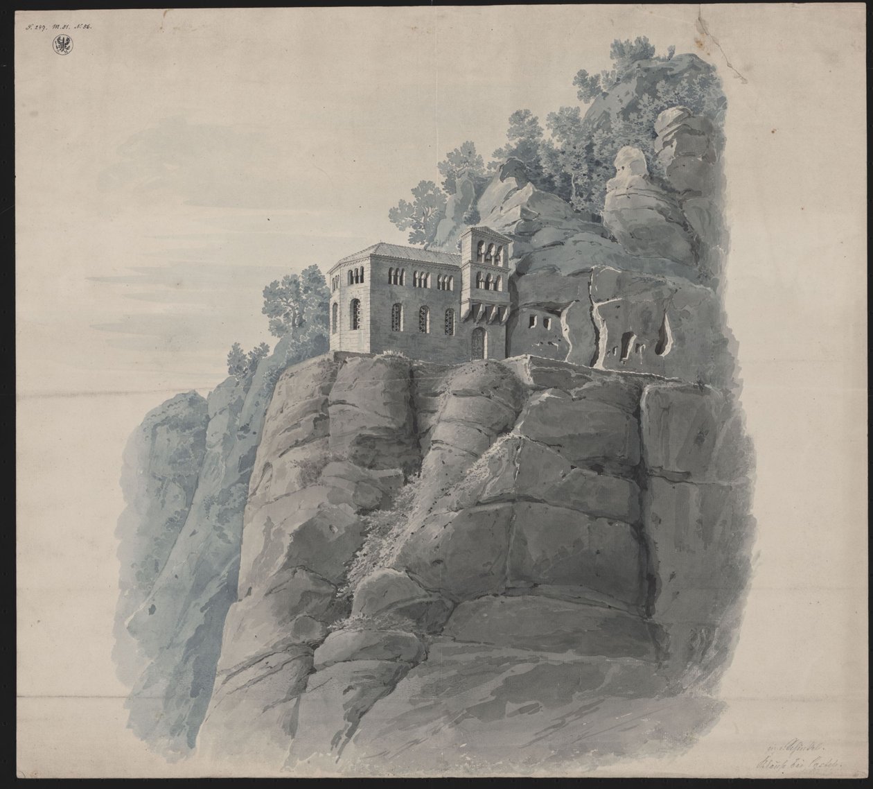 Kastel nær Saarburg. Eremittbolig. Perspektivisk utsikt av Karl Friedrich Schinkel