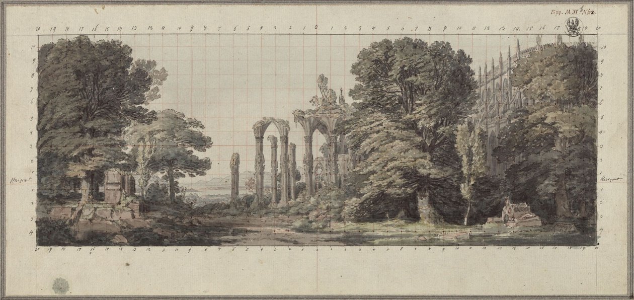 Kirke og ruiner av et gotisk kloster under trær av Karl Friedrich Schinkel