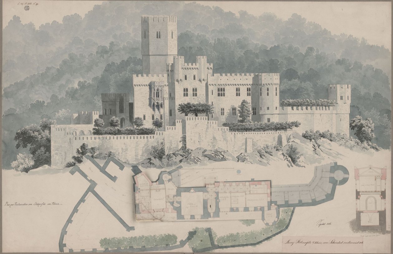 Koblenz. Ruinene Stolzenfels. Grunnplan av øvre etasje og fasade av Karl Friedrich Schinkel