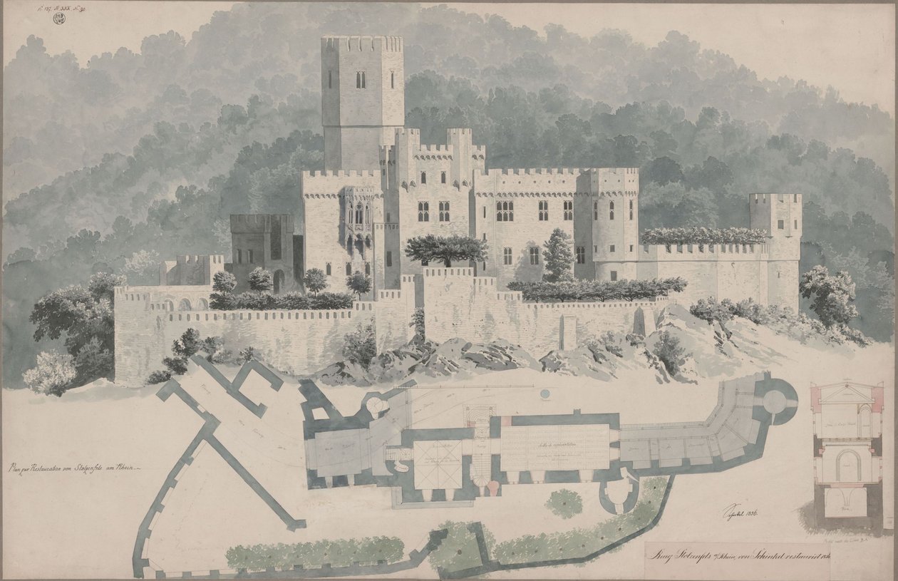 Koblenz. Ruinen Stolzenfels. Grunnplan og utsikt av Karl Friedrich Schinkel