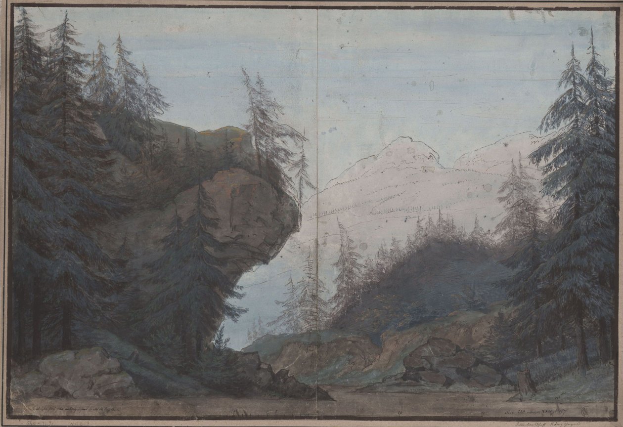 Kong Yngurd. Sørgespill av Adolf Müllner. Utkast til den 3. dekorasjonen. Skoglandskap av Karl Friedrich Schinkel