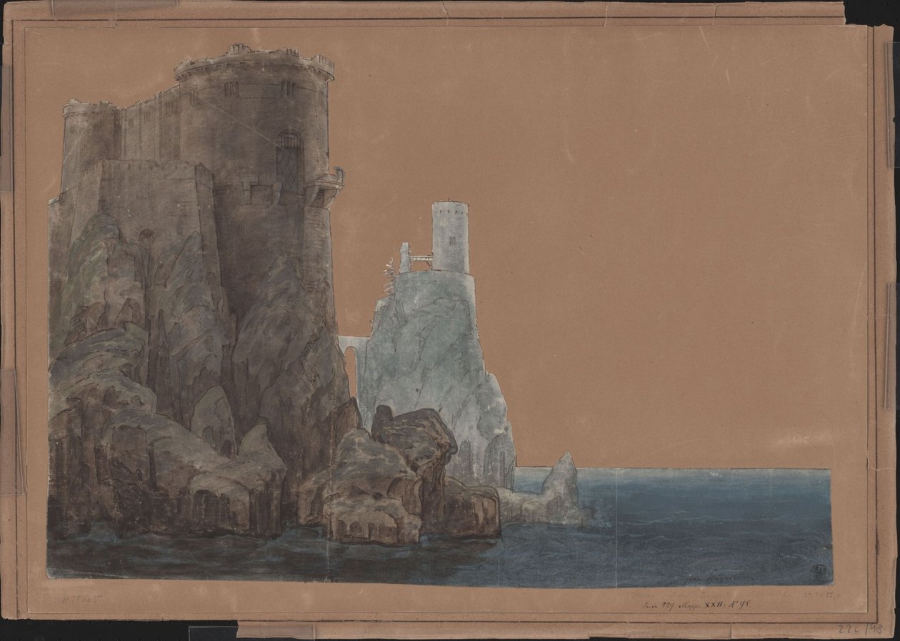 Kong Yngurd. Tragedie av Adolf Müllner. Utkast til den 4. dekorasjonen. Tårn med Dødsporten ved havet av Karl Friedrich Schinkel