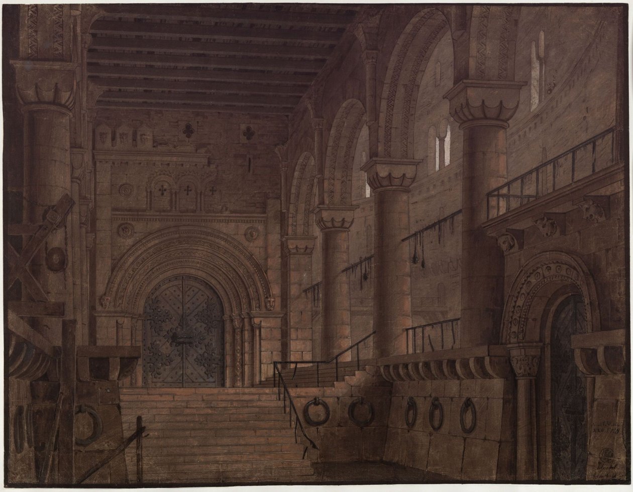 Kong Yngurd. Sørgespill av Adolf Müllner. Utkast til 5. dekorasjon. Sal i tårnet med Dødsporten av Karl Friedrich Schinkel
