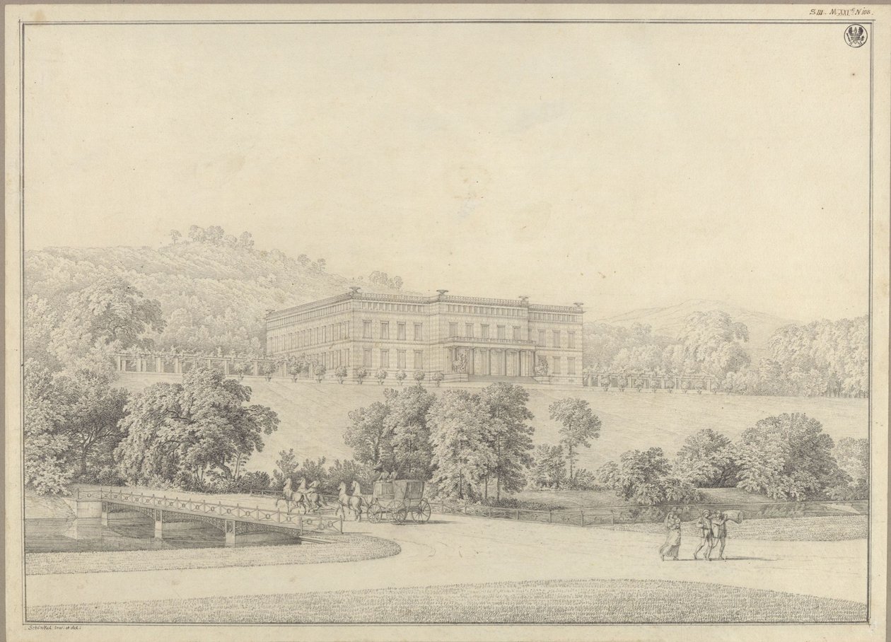 Kressendorf (Krzeszowice) nær Kraków. Slott. Perspektivisk utsikt av Karl Friedrich Schinkel