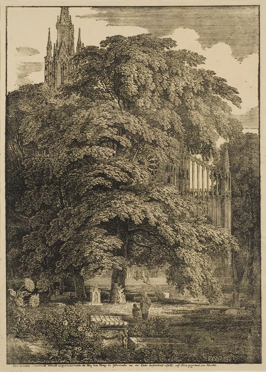 Kirkegård utenfor en gotisk katedral av Karl Friedrich Schinkel