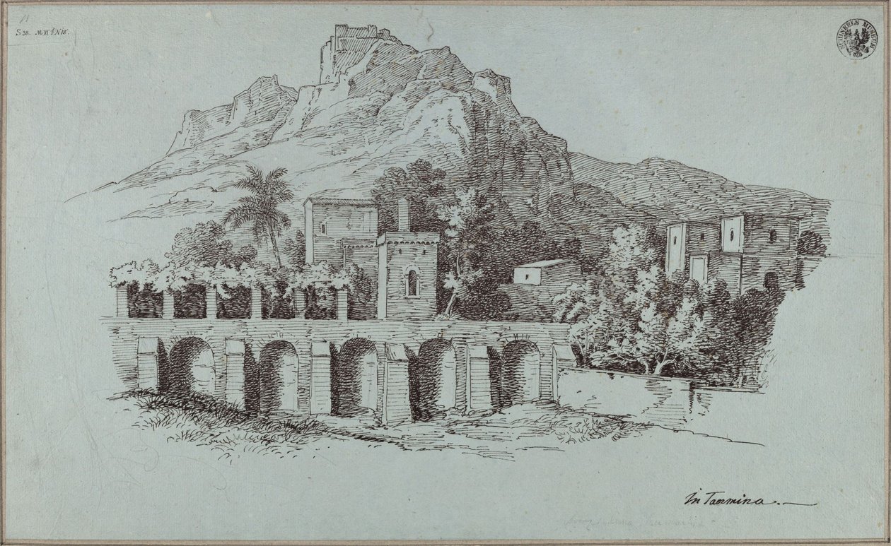 Landskap nær Taormina med en støttemur fra romertiden av Karl Friedrich Schinkel