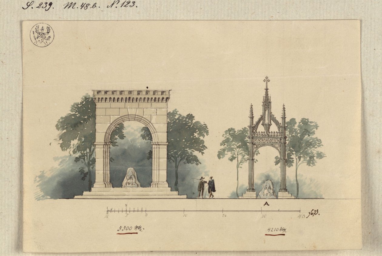 Lützen. Utkast til et monument for kong Gustav II Adolf av Sverige som en på fire sider åpen buehall og som et tabernakel over Svenskesteinen av Karl Friedrich Schinkel