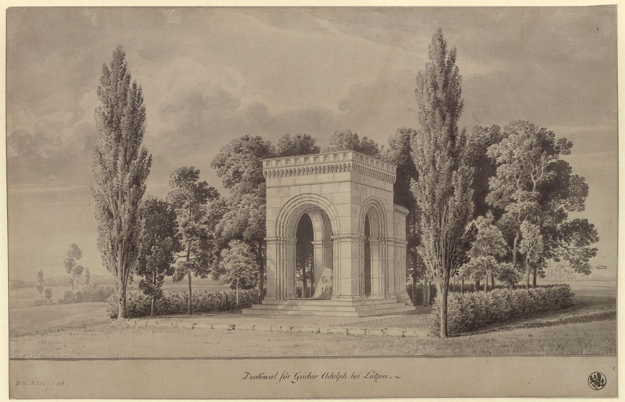 Lützen. Utkast til et monument for Sveriges kong Gustav II Adolf i form av en romansk hall over Svenskesteinen med en tilføyd apsis. Ansikt av Karl Friedrich Schinkel