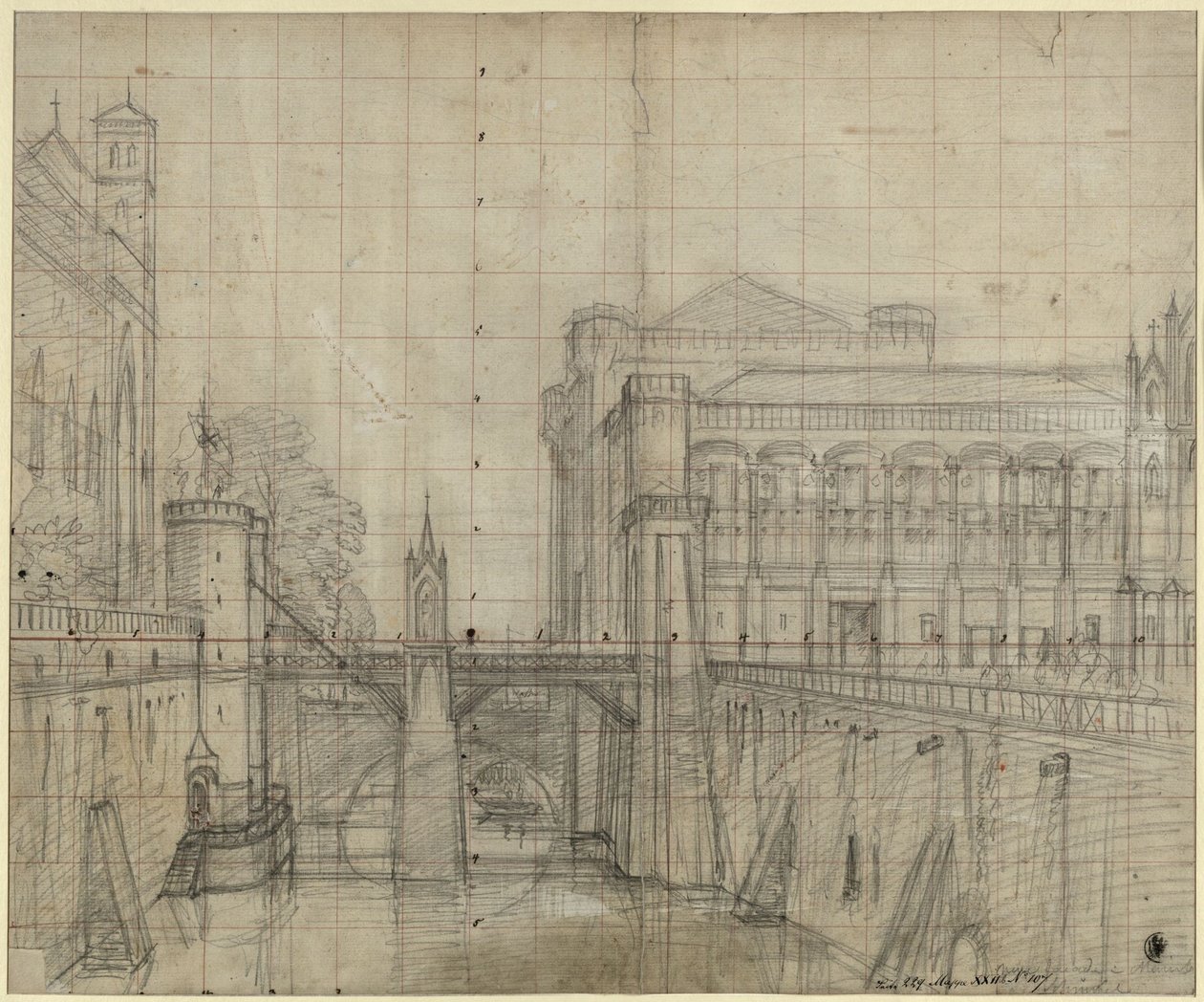 Malbork ved Gdańsk. Malbork slott. Utsikt over vollgraven og gårdsfasaden til stormesterens palass av Karl Friedrich Schinkel