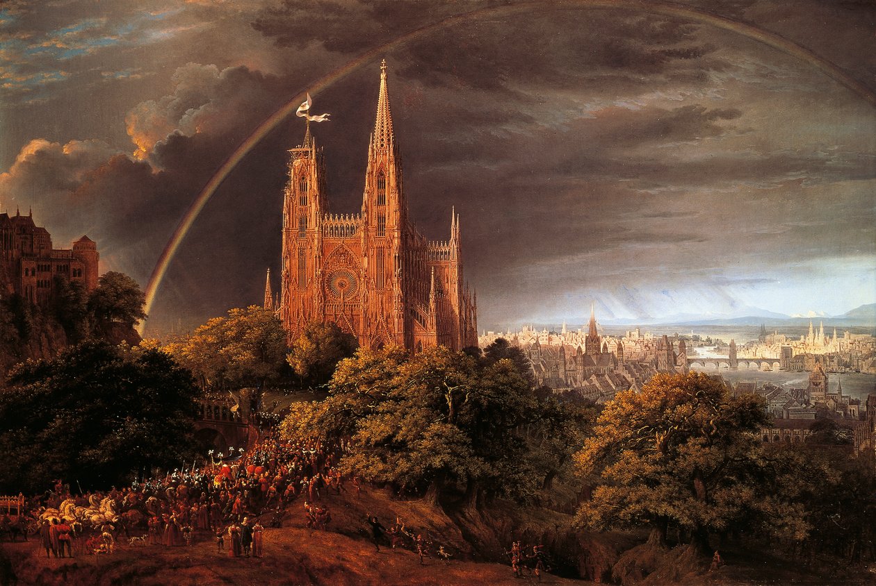 Middelalderby ved bredden av elven, av Karl Friedrich Schinkel (1781-1841) av Karl Friedrich Schinkel