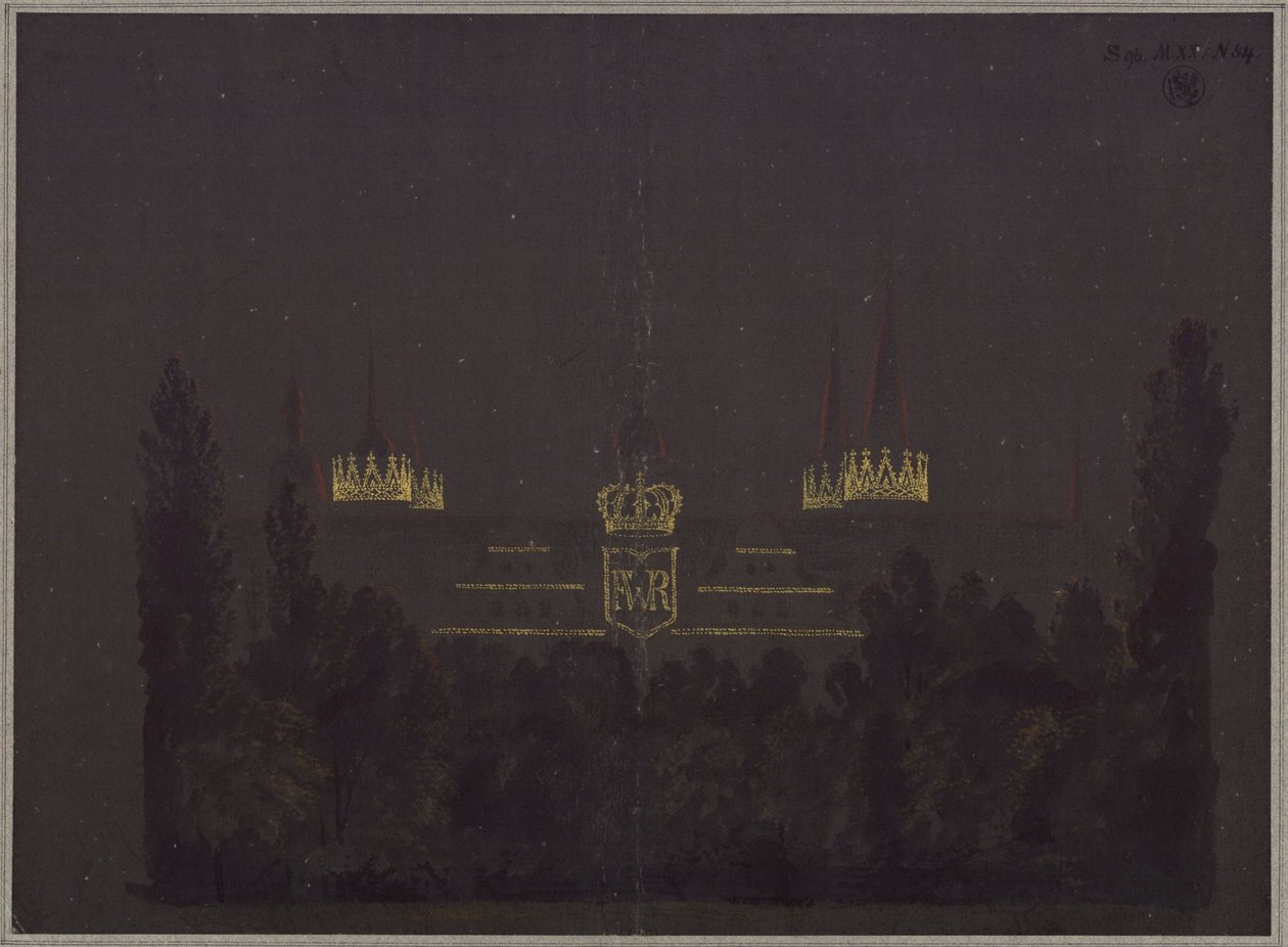 Merseburg. Slott. Utkast til illuminering av slottet i anledning hyllestfeiringen for Fredrik Vilhelm III av Preussen av Karl Friedrich Schinkel
