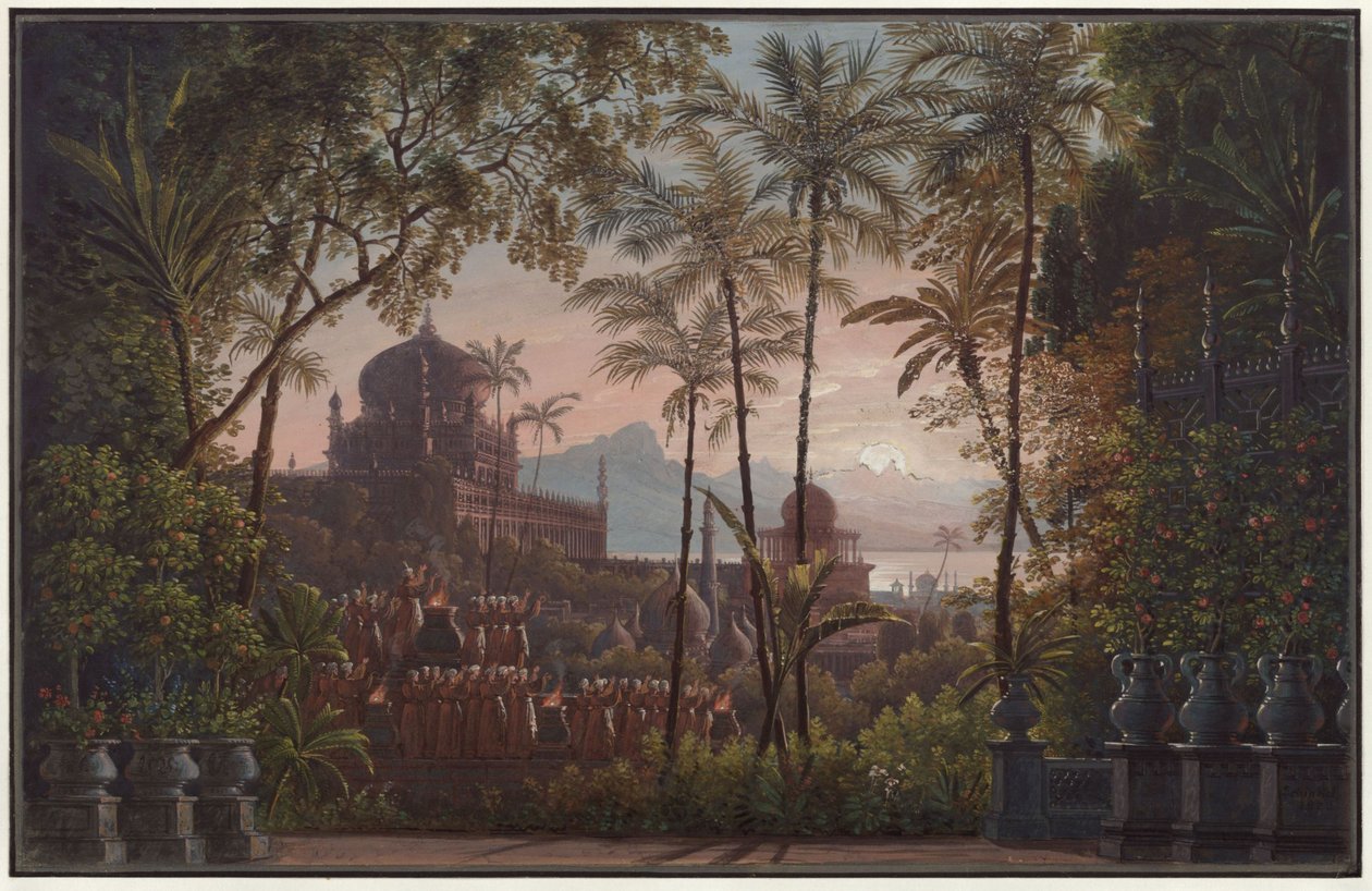 Nurmahal eller rosefesten i Kashmir. Opera av Gaspare Spontini. Utkast til 1. dekorasjon. Slottspark med utsikt over Kashmir av Karl Friedrich Schinkel