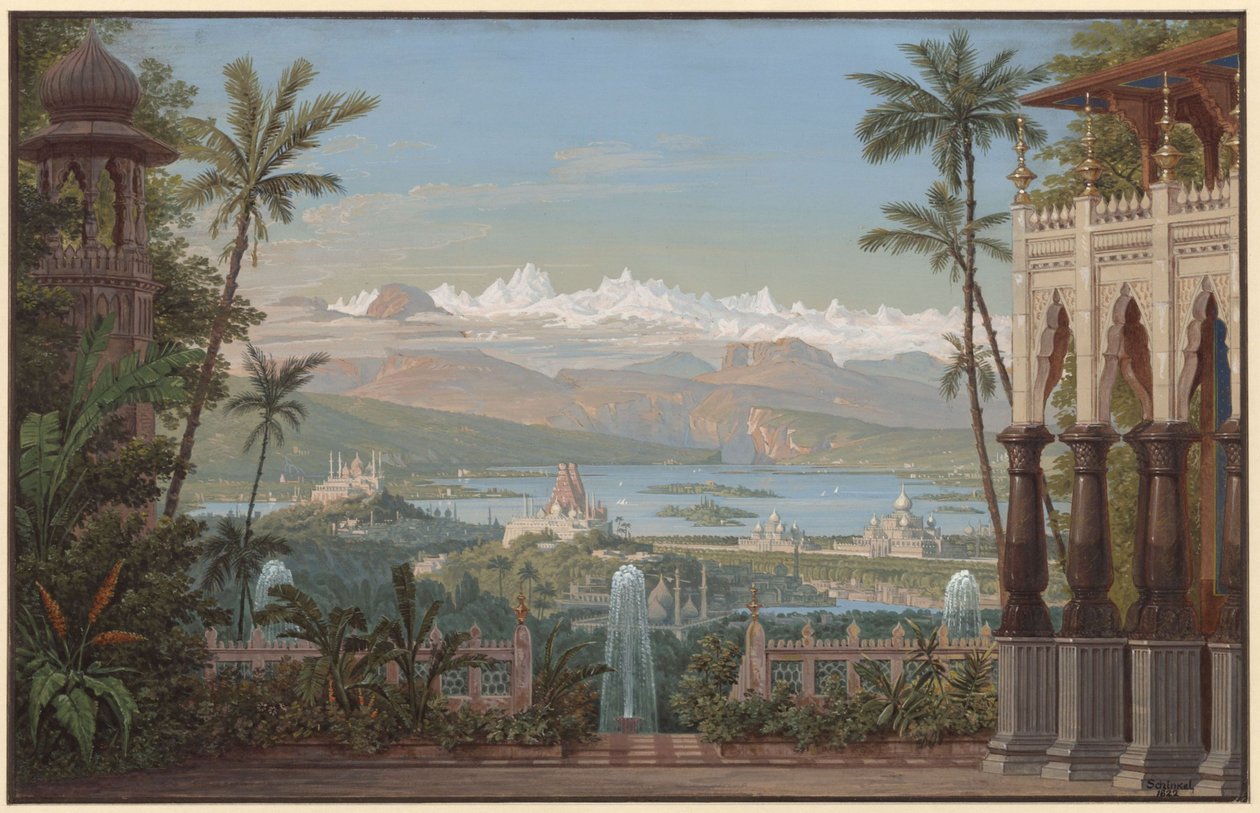 Nurmahal eller rosefesten i Kashmir. Opera av Gaspare Spontini. Utkast til den 2. dekorasjonen. Hageterasse med utsikt over Kashmir-dalen av Karl Friedrich Schinkel