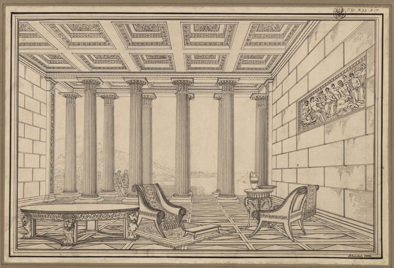 Åpen hall ved havet i antikk stil av Karl Friedrich Schinkel
