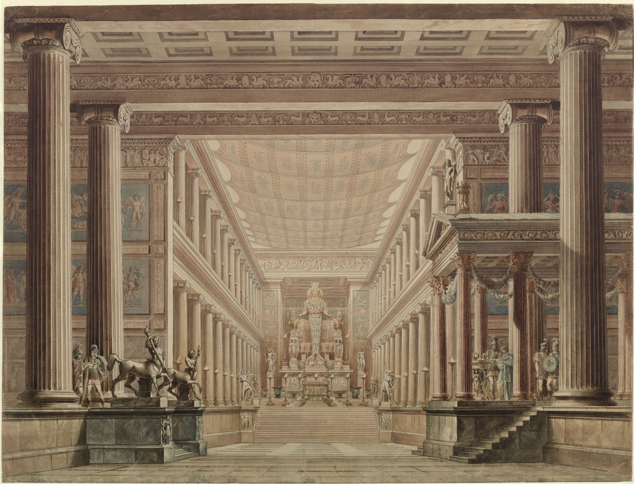 Olimpia. Opera av Gaspare Spontini. Utkast til den 2. dekorasjonen. Interiøret i Dianas tempel av Karl Friedrich Schinkel