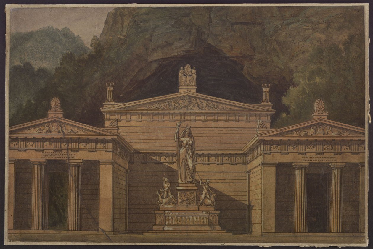 Olimpia. Opera av Gaspare Spontini. Utforming til den 4. dekorasjonen. Dianas tempel av Karl Friedrich Schinkel
