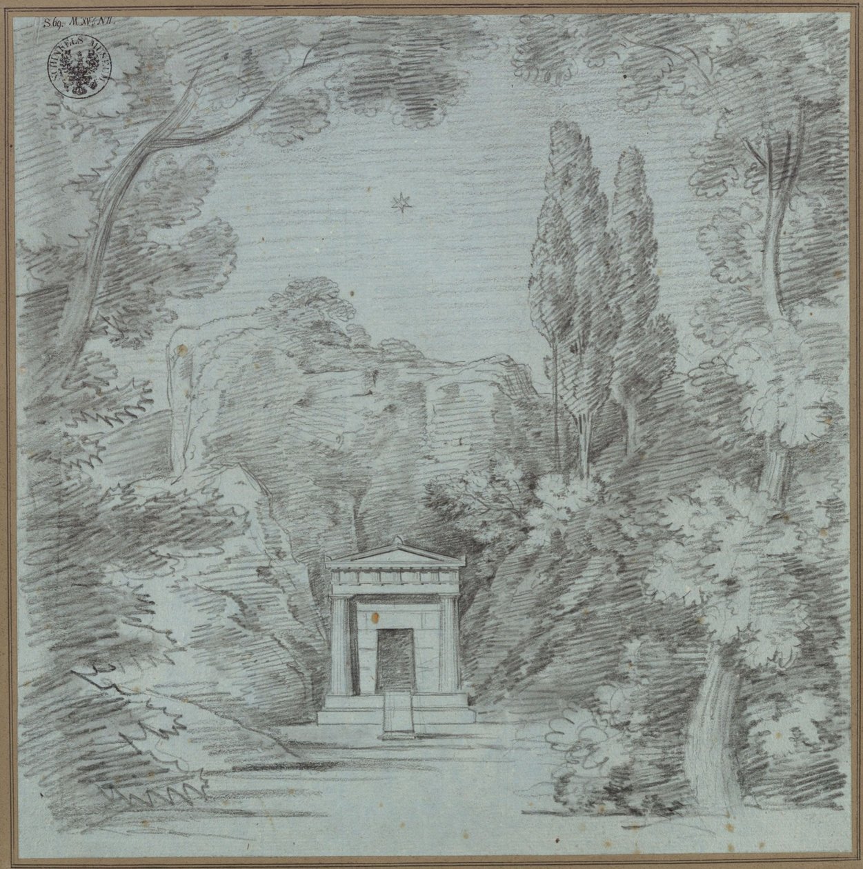 Orfeus og Eurydike. Opera av Christoph Willibald Gluck. Utkast til 1. dekorasjon (?). Utkast til et mausoleum på en klippe av Karl Friedrich Schinkel