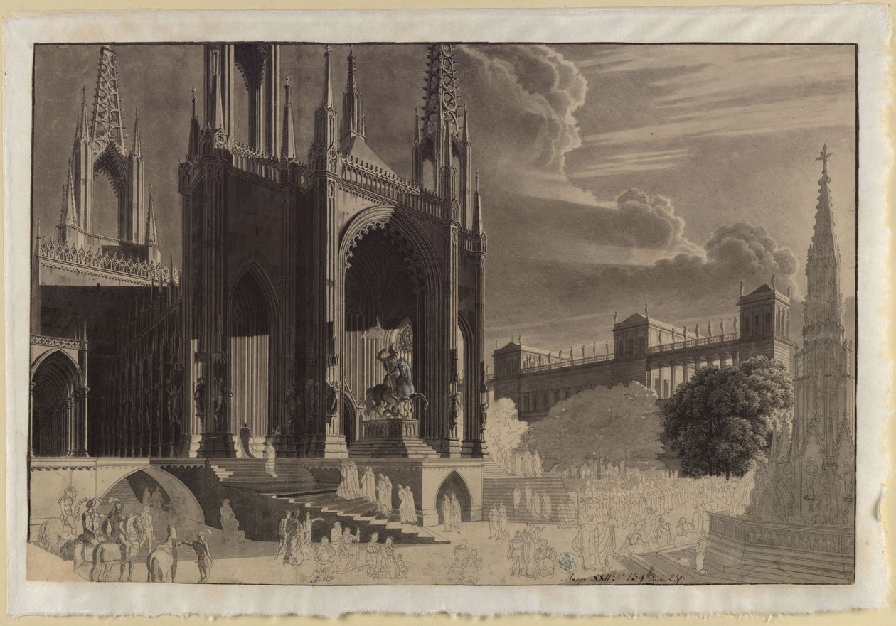 Portal til en gotisk katedral med rytterstatuen av Sankt Mikael, en fontene overfor og et palass i bakgrunnen av Karl Friedrich Schinkel