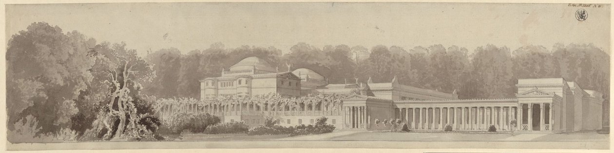 Potsdam-Sanssouci. Antikt landsted ved Charlottenhof slott. Perspektivisk utsikt fra nordøst av Karl Friedrich Schinkel