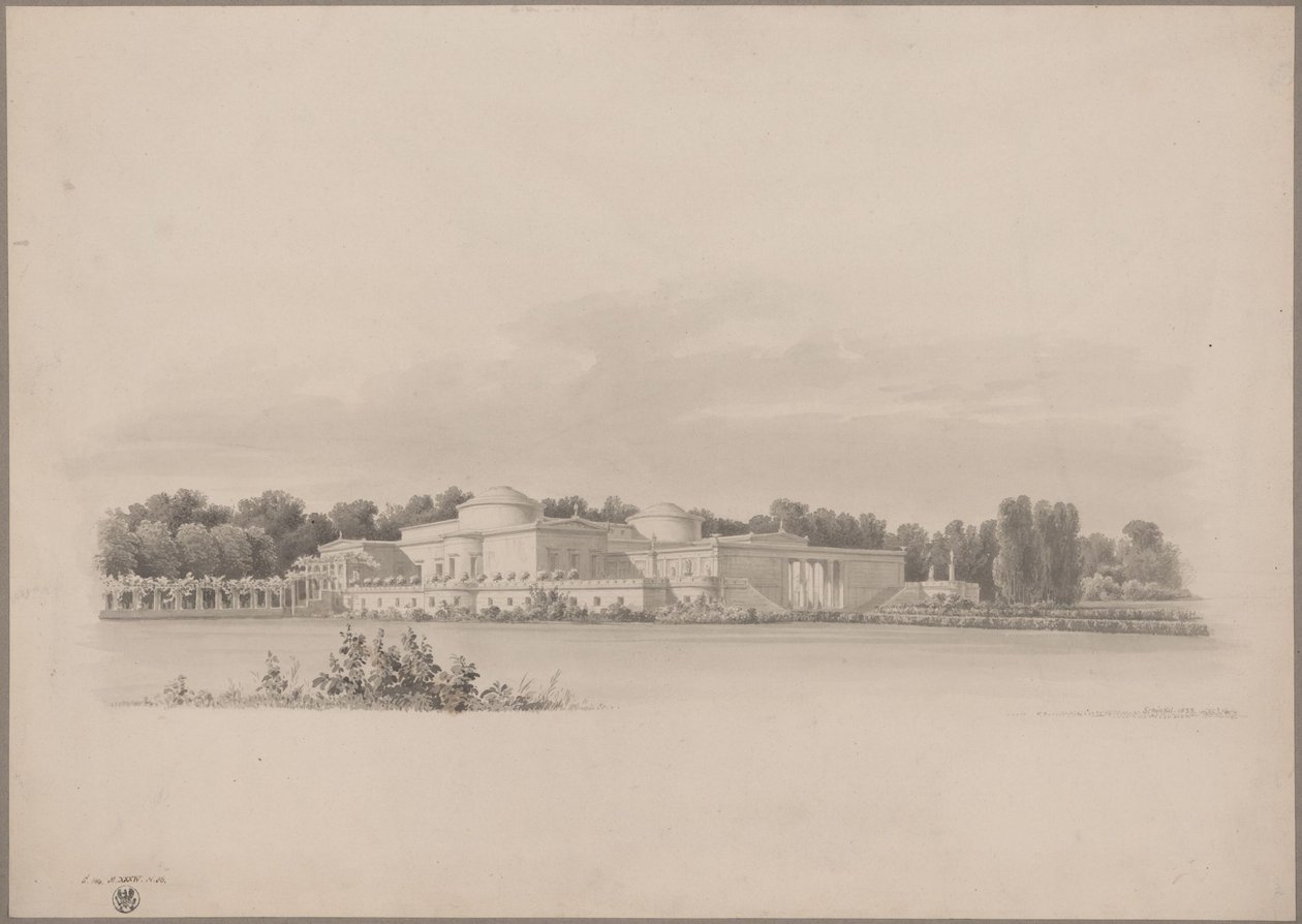 Potsdam-Sanssouci. Antikt landsted ved Charlottenhof slott. Perspektivisk utsikt fra nordøst av Karl Friedrich Schinkel