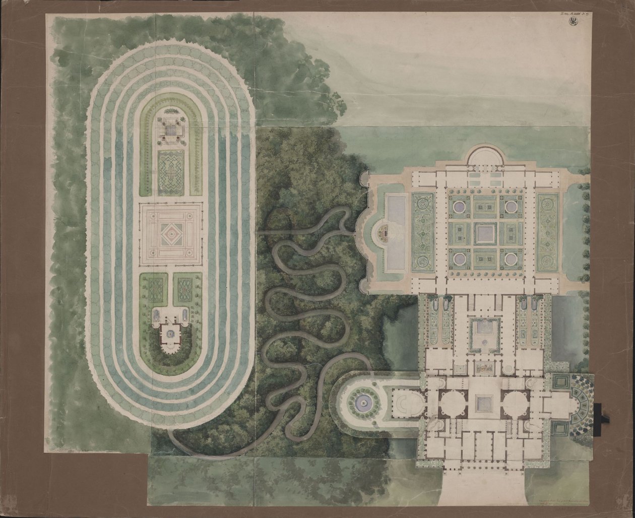Potsdam-Sanssouci. Antikt landhus ved Charlottenhof slott. Situasjonsplan og grunnplan av Karl Friedrich Schinkel