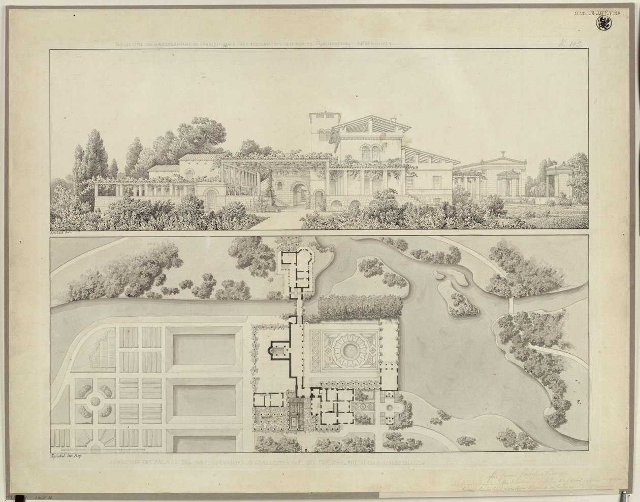 Potsdam-Sanssouci. Romerske bad ved Charlottenhof slott. Sett fra vest og grunnplan av gartnerhuset av Karl Friedrich Schinkel