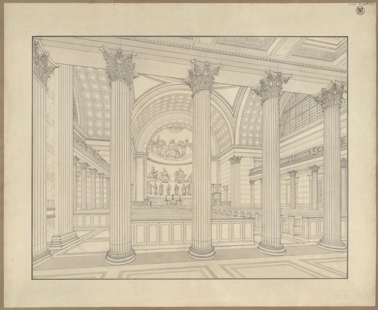 Potsdam. Sankt Nikolai kirke. Perspektivisk interiørbilde av utførelsesutkastet av Karl Friedrich Schinkel