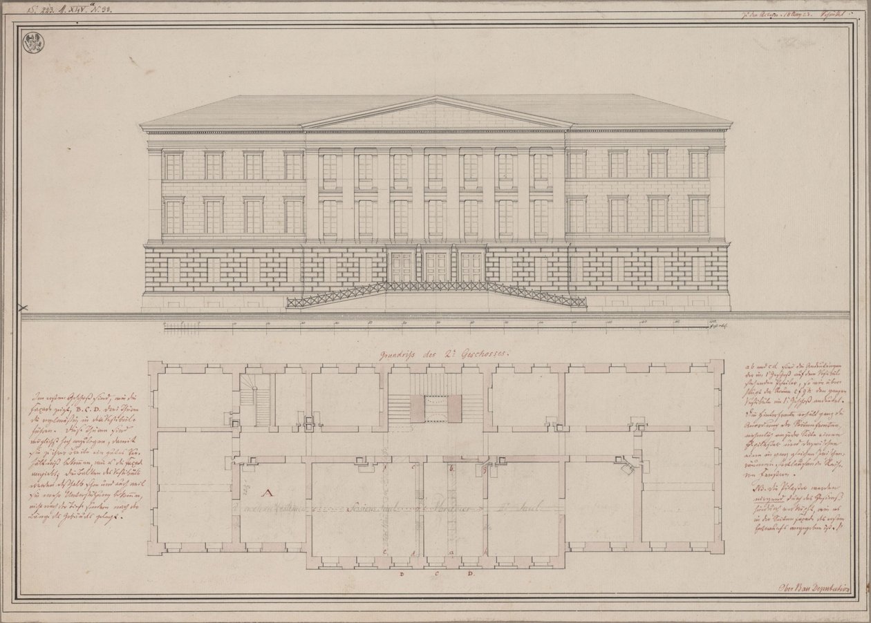 Ratibor (Racibórz). Utkast til den øvre regionale domstolen. Oppriss og grunnplan av Karl Friedrich Schinkel