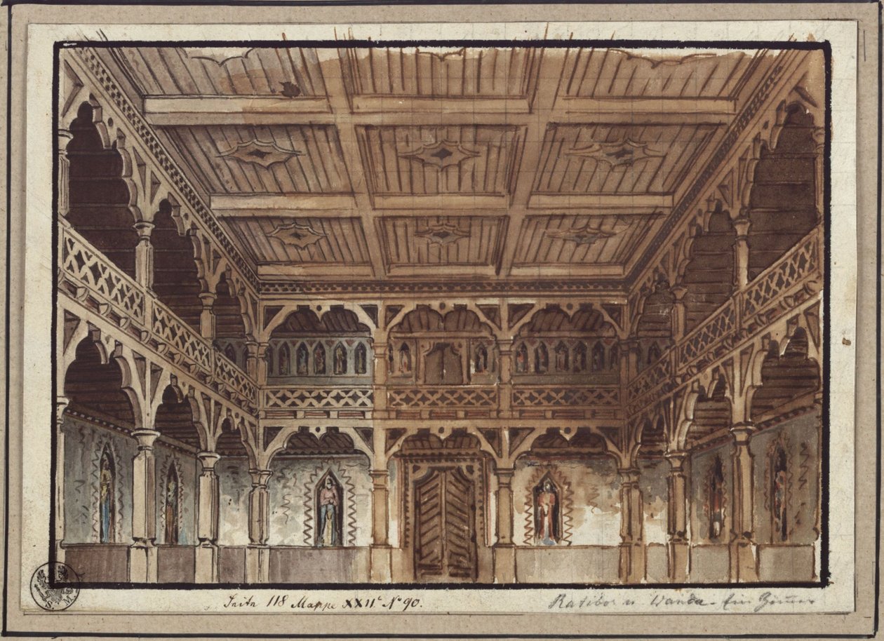 Ratibor og Wanda. Skuespill av Jakob Andreas Konrad Levezow. Utkast til 2. dekorasjon. Kvinnenes gemakker i borgen av Karl Friedrich Schinkel