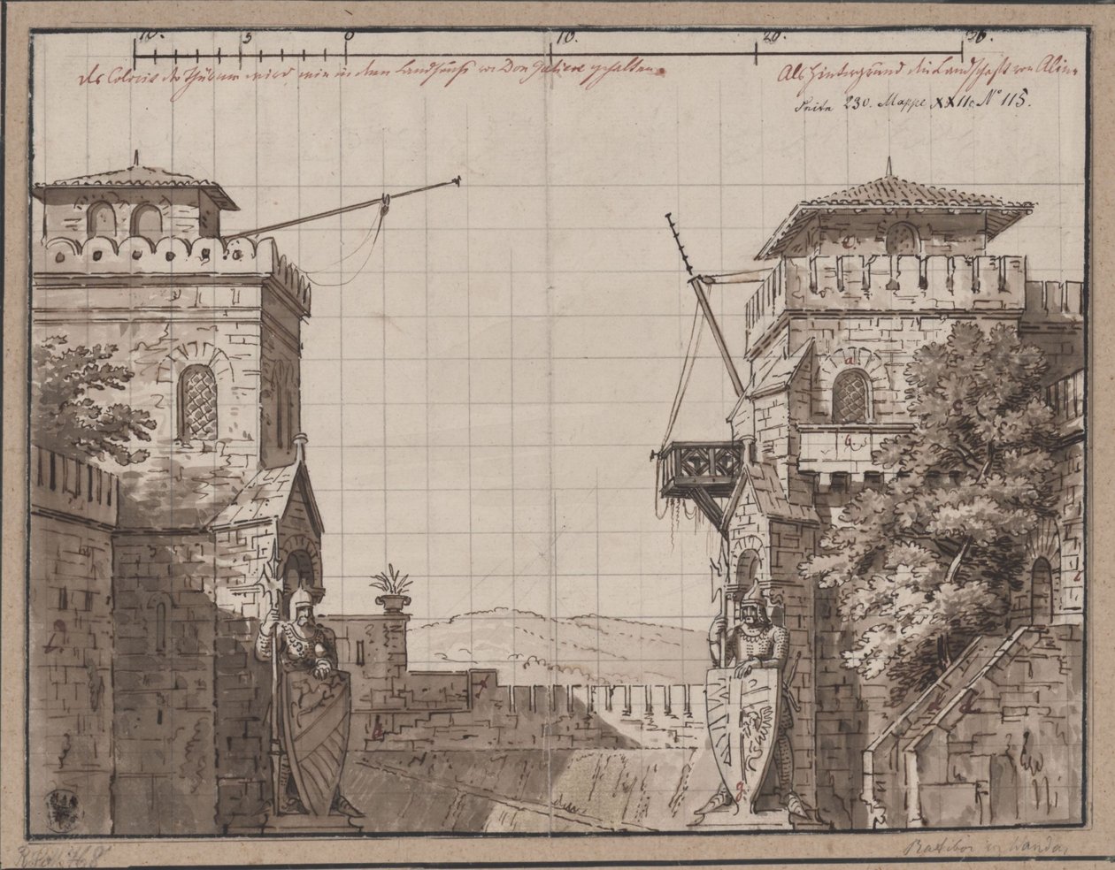 Ratibor og Wanda. Skuespill av Jakob Andreas Konrad Levezow. Utkast til den 3. dekorasjonen. Slott med utsikt over fjell av Karl Friedrich Schinkel