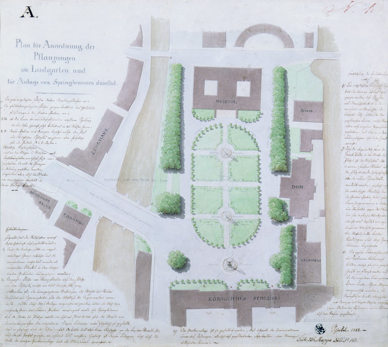 Redesign av Lustgarten, 1828 (wc og penn og blekk på papir) av Karl Friedrich Schinkel