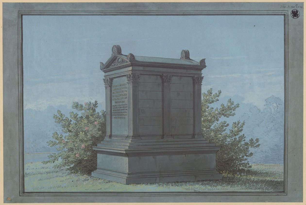 Sarkofag i tempelform - Belchau (Białochowo), tidligere Kreis Graudenz (Powiat Grudziądzki), regjeringsdistriktet Marienwerder (Województwo Kujawsko-Pomorskie). Utforming av Klinggräfs gravmonument i form av et lite tempel med korintiske pilastre av Karl Friedrich Schinkel