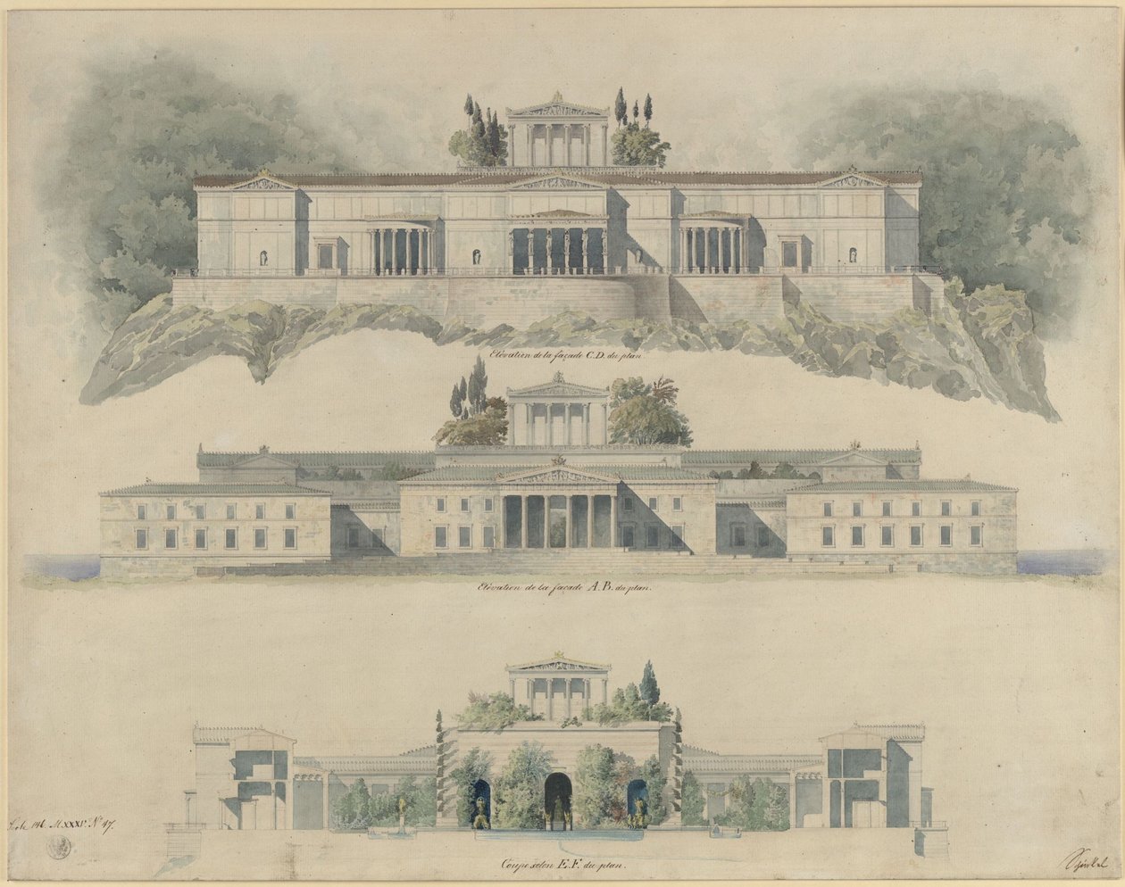 Orianda-slottet på Krim. Klassiserende utkast. Oppriss av sjø- og landsiden, snitt gjennom det keiserlige hoffet med Krim-museet og det kronende tempelet av Karl Friedrich Schinkel