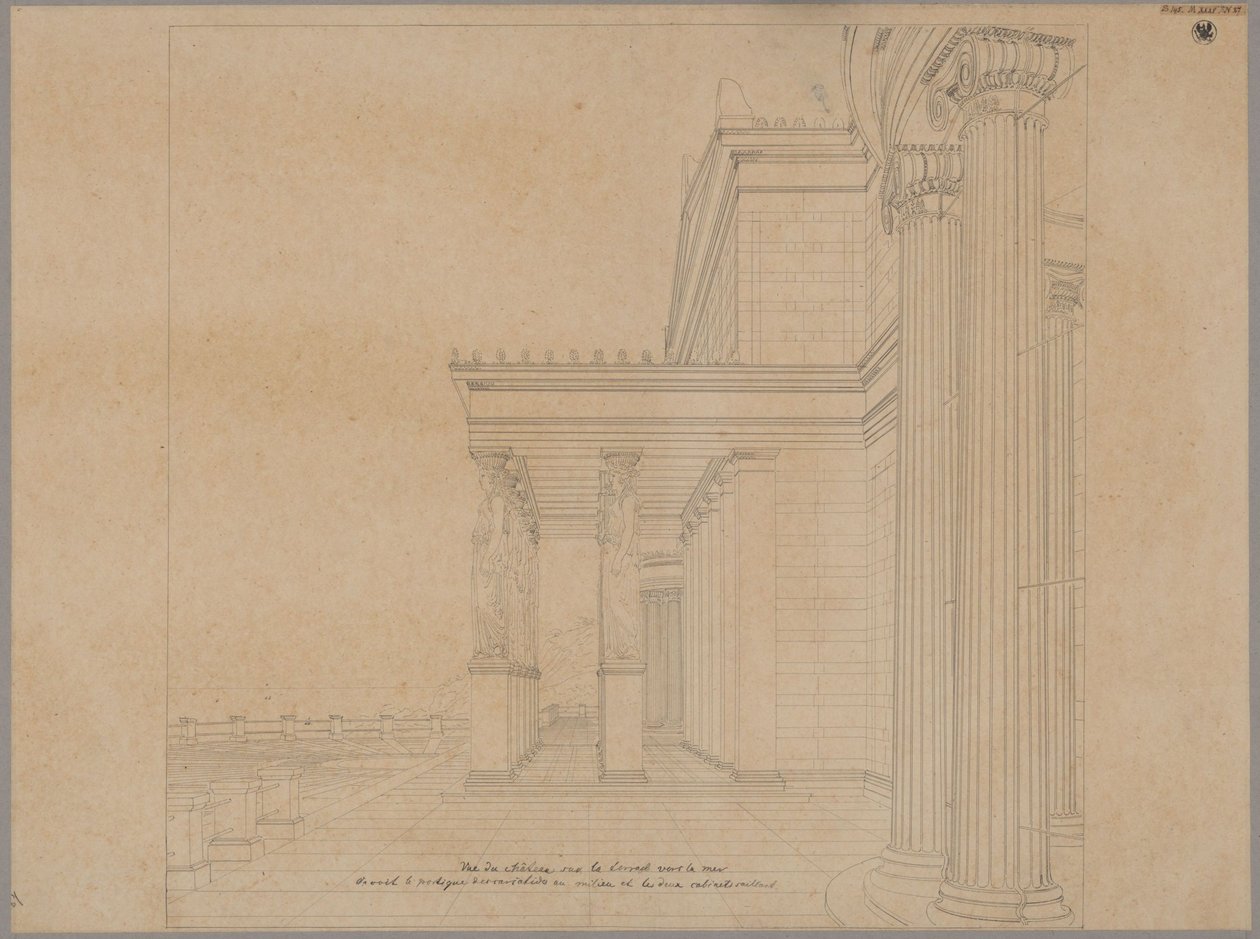 Orianda slott på Krim. Antikk utkast. Slottsterrasse med portikus mot havet av Karl Friedrich Schinkel