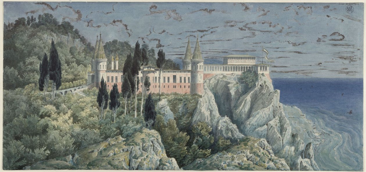 Orianda slott på Krim. Moskovittisk utkast. Utsikt av Karl Friedrich Schinkel