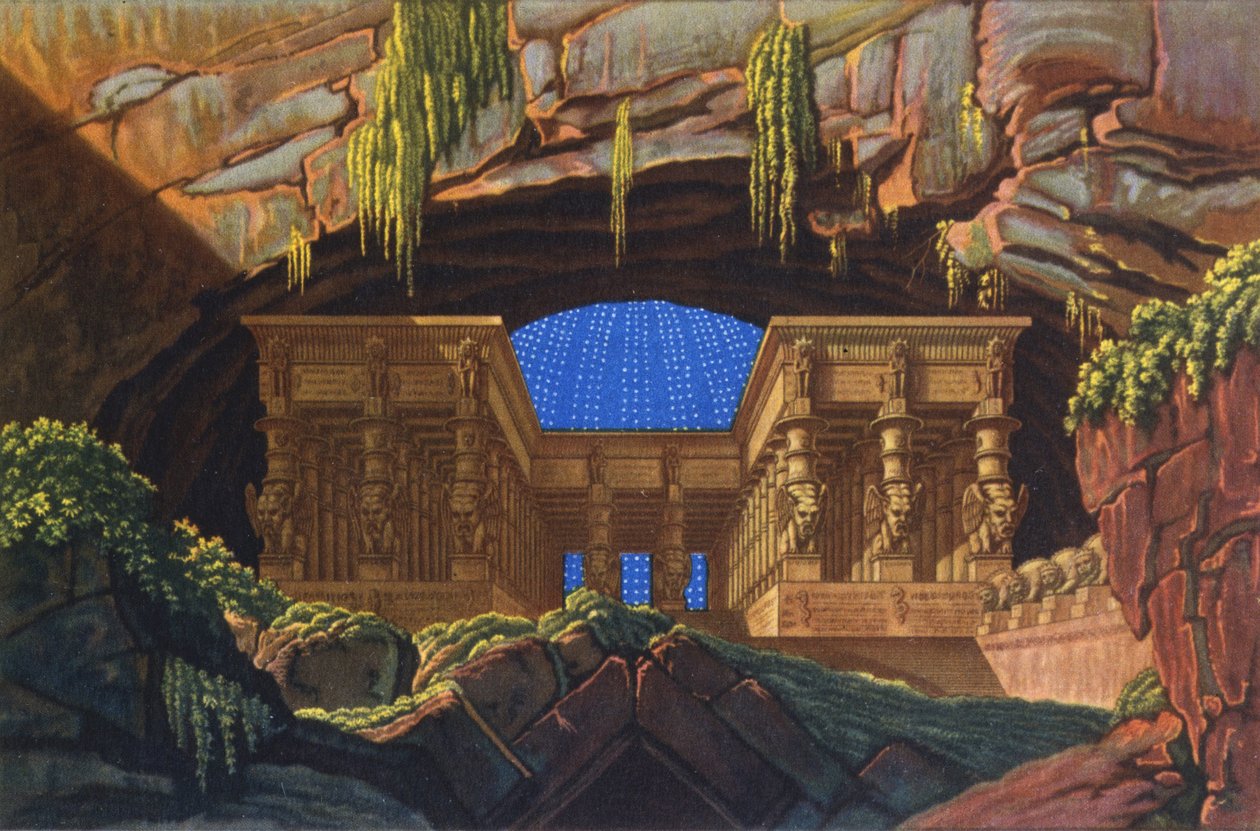 Temple of Isis og Osiris der Sarastro Yppersteprest forretter "Die Zauberflote" av Karl Friedrich Schinkel