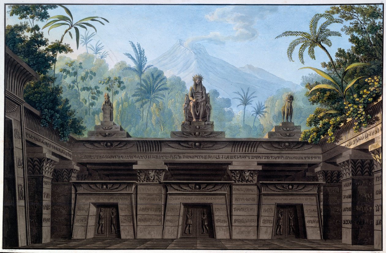 Teaterdekor: Dekor for operaen «La flute enchante (Die Zauberflote) av Wolfgang Amadeus Mozart, på en libretto av Emanuel Schikaneder. Tegning av Karl Schinkel (1781 - 1841) av Karl Friedrich Schinkel