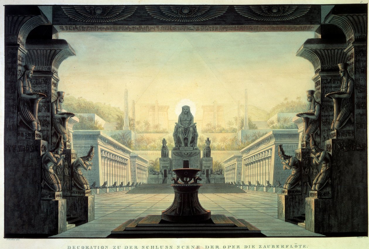 Teaterdekor: Dekor for operaen «La flute enchante (Die Zauberflote) av Wolfgang Amadeus Mozart, på en libretto av Emanuel Schikaneder. Tegning av Karl Schinkel (1781-1841) av Karl Friedrich Schinkel