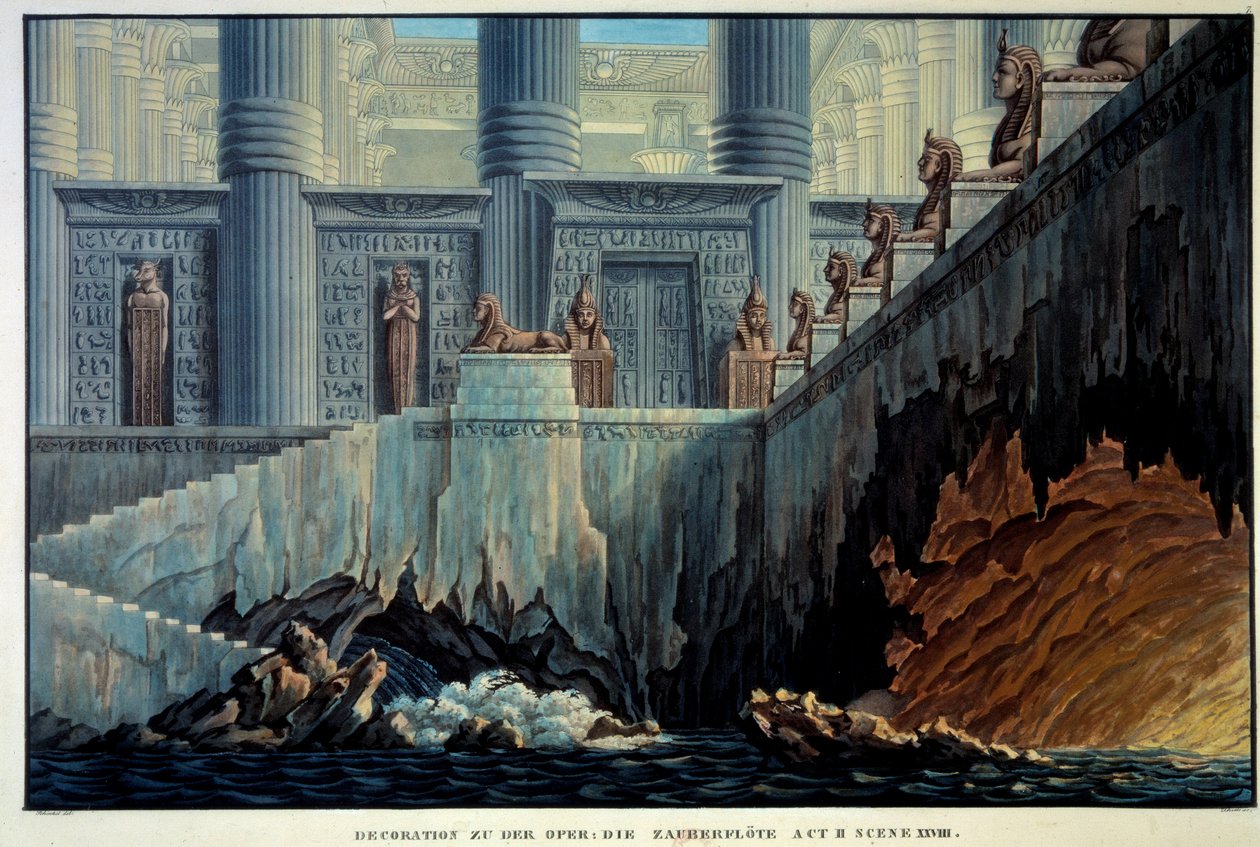 Teaterdekor for den fortryllende fløyten (Opera "" Die Zauberflote"" av Wolfgang Amadeus Mozart). Gravering av Karl Schinkel (1781-1841) Ec. Alle. av Karl Friedrich Schinkel