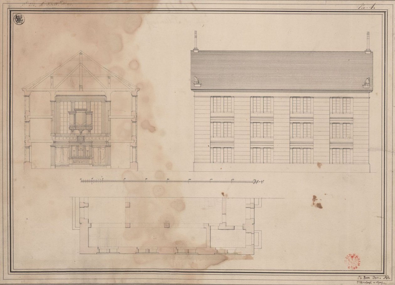 Tillendorf (Bolesławice, regjeringsdistriktet Liegnitz). Utkast til den evangeliske kirken. Grunnplan, oppriss av sidefasaden og tverrsnitt av Karl Friedrich Schinkel
