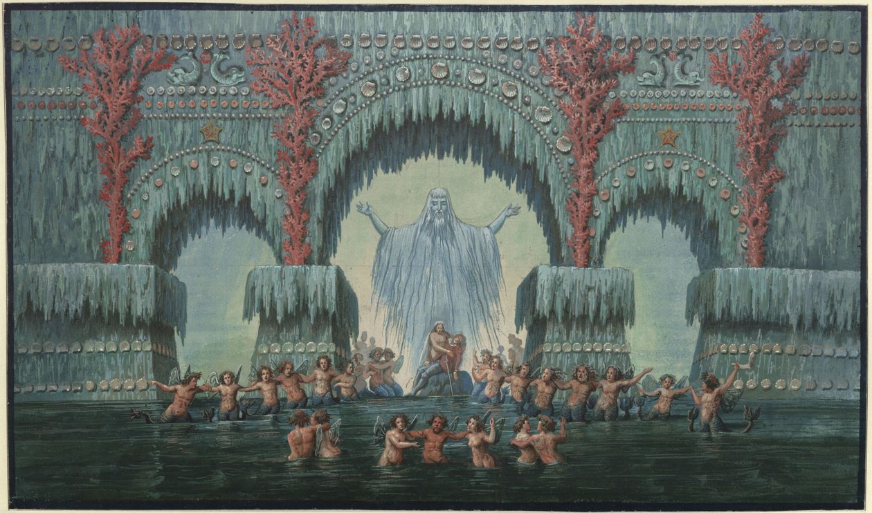 Undine. Opera av E. T. A. Hoffmann. Utkast til den 10. dekorasjonen. Kühleborns vannpalass av Karl Friedrich Schinkel