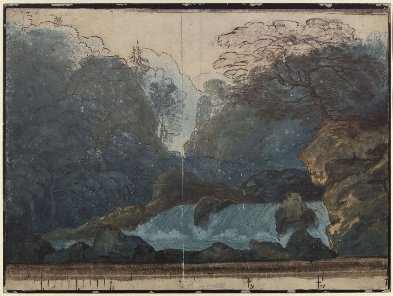 Undine. Opera av E. T. A. Hoffmann. Utkast til 2. dekorasjon. Skog med foss av Karl Friedrich Schinkel