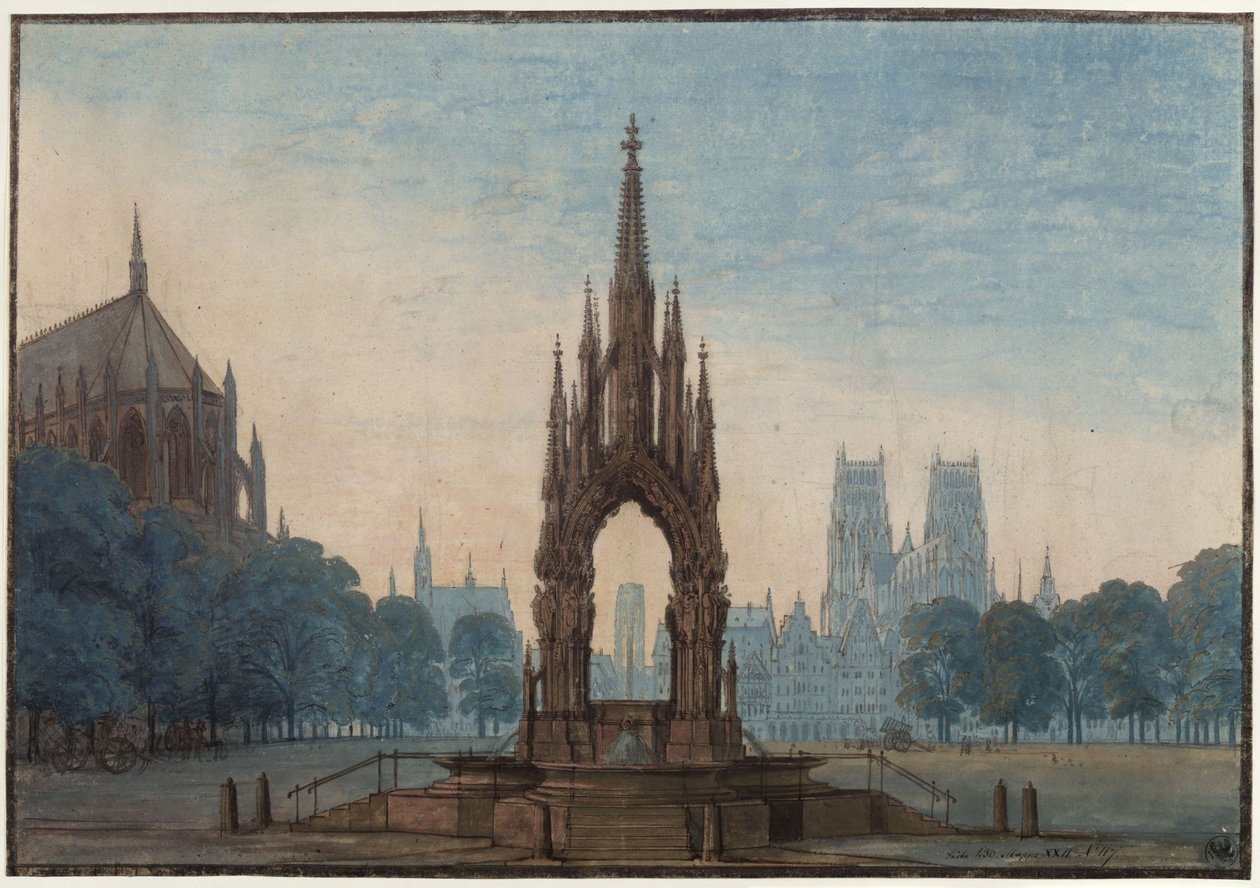 Undine. Opera av E. T. A. Hoffmann. Utkast til den 3. dekorasjonen. Markedsplass med fontene av Karl Friedrich Schinkel