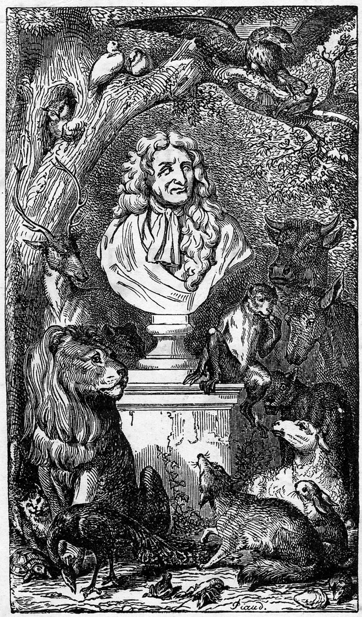 Allegorisk byste av Jean de La Fontaine, omgitt av dyr; frontispice av en bok av Fables de la Fontaine av Karl Girardet