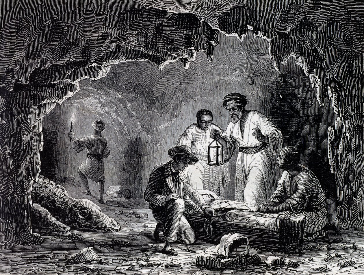 Arkeologiske funn i grottene i Samoun, gravering basert på tegning av Karl Girardet (1813-1871) av Karl Girardet